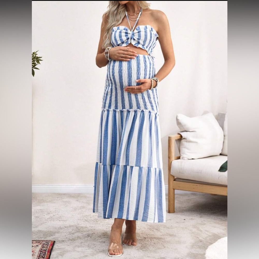 Maternity Dress-Blue and White Striped Maxi Dress